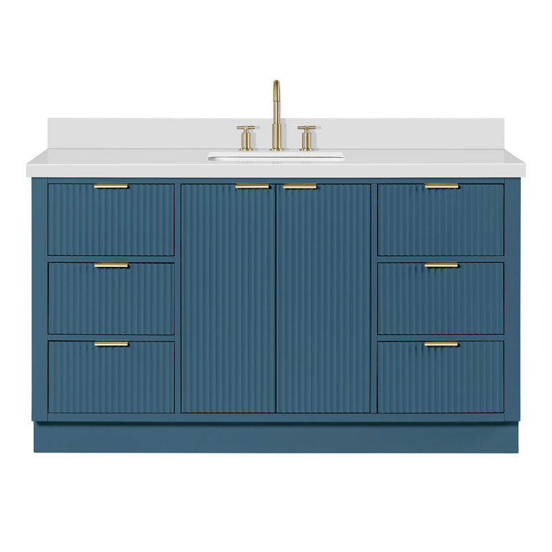 Haun Solid Wood Single Bathroom Vanity with 1.5'' Quartz Top, Rectangle, Vintage Blue, 61"