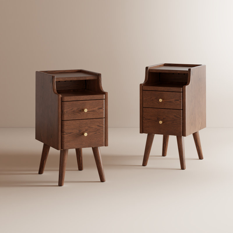 Set Of 2 Narrow Solid Wood Nightstands With 2 Drawers Each, Brown
