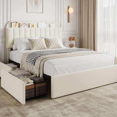 Queen Size Boucle Upholstered Platform Bed Frame with Storage Headboard & 2 Drawers, Built-in Bookcase, Noise-Free, Easy Assembly, No Box Spring Needed, Modern Bedroom Furniture 