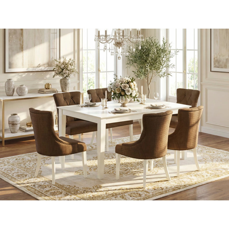 Ensemble de table de salle à manger 7 pièces moderne composé d'une table rectangulaire en bois et de 6 chaises rembourrées en tissu brun