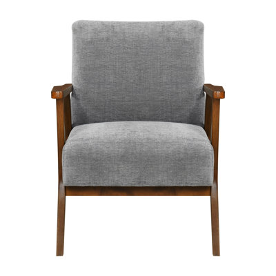 Modern Stylish Gray Chenille Fabric Armchair, Solid Rubberwood Frame In Chestnut, 300Lb Limit For Living Upholstery Support
