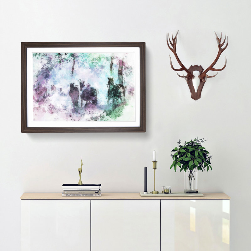 Horses in a Colourful Forest in Abstract - Picture Frame Painting Print, 62cm H x 87cm W x 2cm D, Walnut Framed