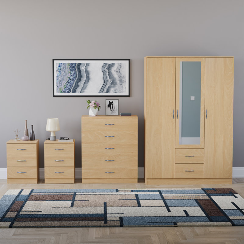 Tayce 4 Piece Bedroom Set (3 Drawer Bedside Chest X2, 5 Drawer Chest, 3 Door 2 Drawer Mirrored Wardrobe), Tan