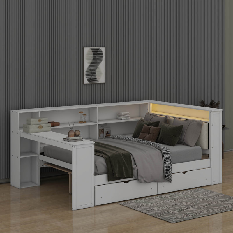 Lit plateforme en bois pleine grandeur avec tablettes de rangement, tiroirs, station de charge, DEL, bureau, Blanc / beige