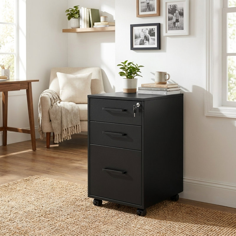 Tonielle 3-Drawer Steel and Manufactured Wood Vertical Filing Cabinet, Black