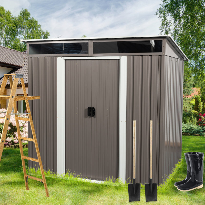 6Ft X 5Ft Outdoor Metal Storage Shelf - Galvanized Steel Frame, Panels, Transparent Cover, Sliding Door With Padlock, Easy Assembly Unit Tote Iron Build, Robust Paneling, Lock, Shed