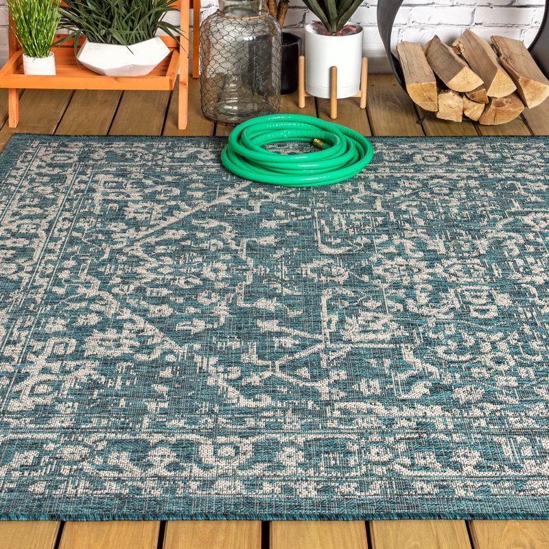 Massimo Bohemian Medallion Textured Weave Teal/Gray Indoor/Outdoor Rug, Rectangle 9' x 12'