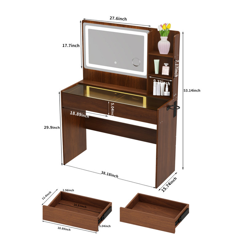 Makeup Vanity with 3-Color Adjustable LED Lighted Mirror & RGB Lighting, Modern Small-Space Vanity Desk with Charging Station, Tempered Glass Top & 2 Drawers