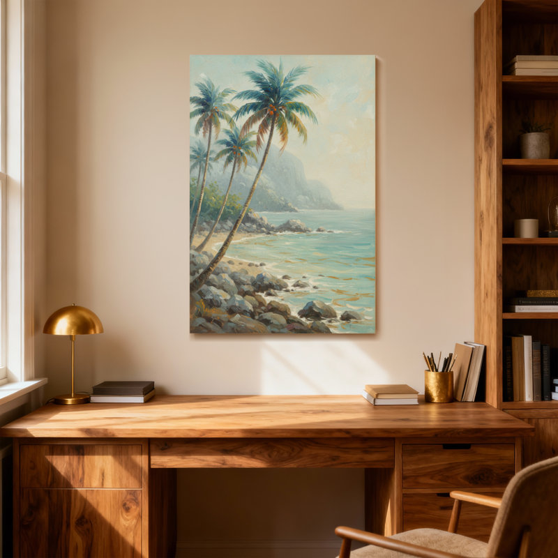 Plantes et fleurs, plage tropicale avec palmiers et vue sur l'océan, H 16 po x l 24 po
