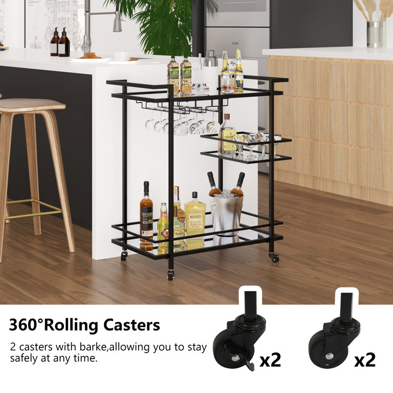 Black Metal and Glass 3-Tier Bar Cart with Storage