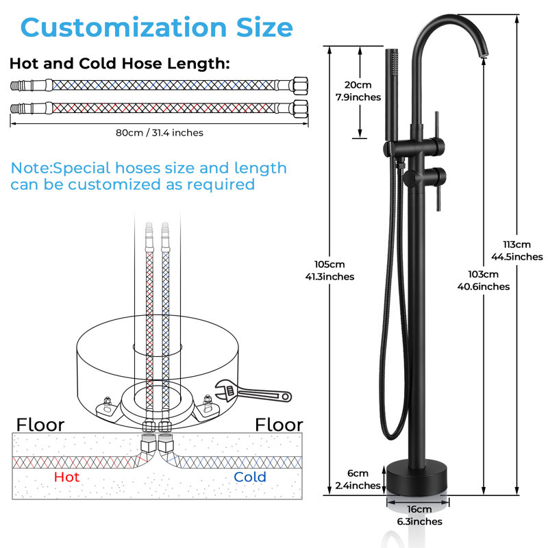 Double Handle Floor Mounted Freestanding Tub Filler Faucet with Handshower, Matte Black