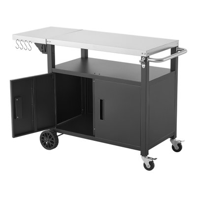 Outdoor Grill Cart with Storage Cabinet, 48.9 Inch Grill Table, Waterproof Kitchen Island with Stainless Steel Top, Shelf, and Wheels, Movable Food Prep Station for Patio Bar Backyard BBQ