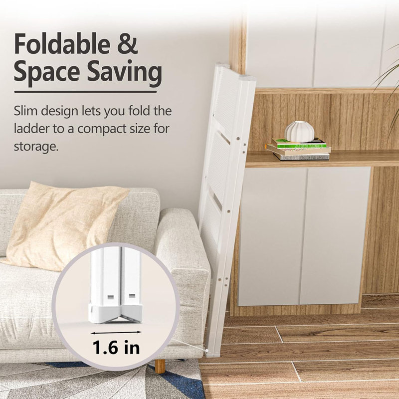 Step Ladder 3 Step Folding, Small Step Stool For Adults, Portable Anti-Slip Iron Stepladder With Wide Pedals For Home And Kitchen Use, Space Saving - White (300 Lbs)