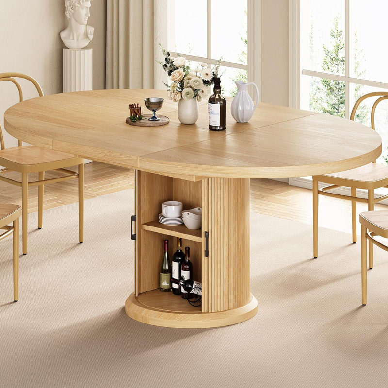 Table de salle à manger pour table de salle à manger ronde extensible de 4 à 6,63 po avec étagère de rangement à 2 niveaux, meuble-lavabo rond ovale en bois avec base à piédestal ()
