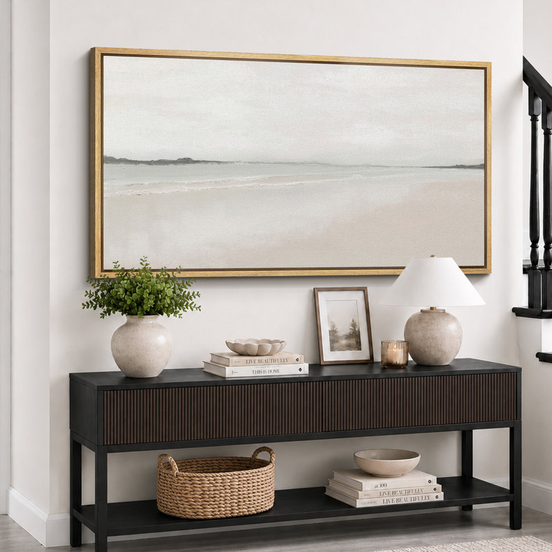 Muted Coastal Beach Serene Modern Neutral Extra Large Pictures Framed Canvas Print Wall Art, 30" H x 60" W, Natural