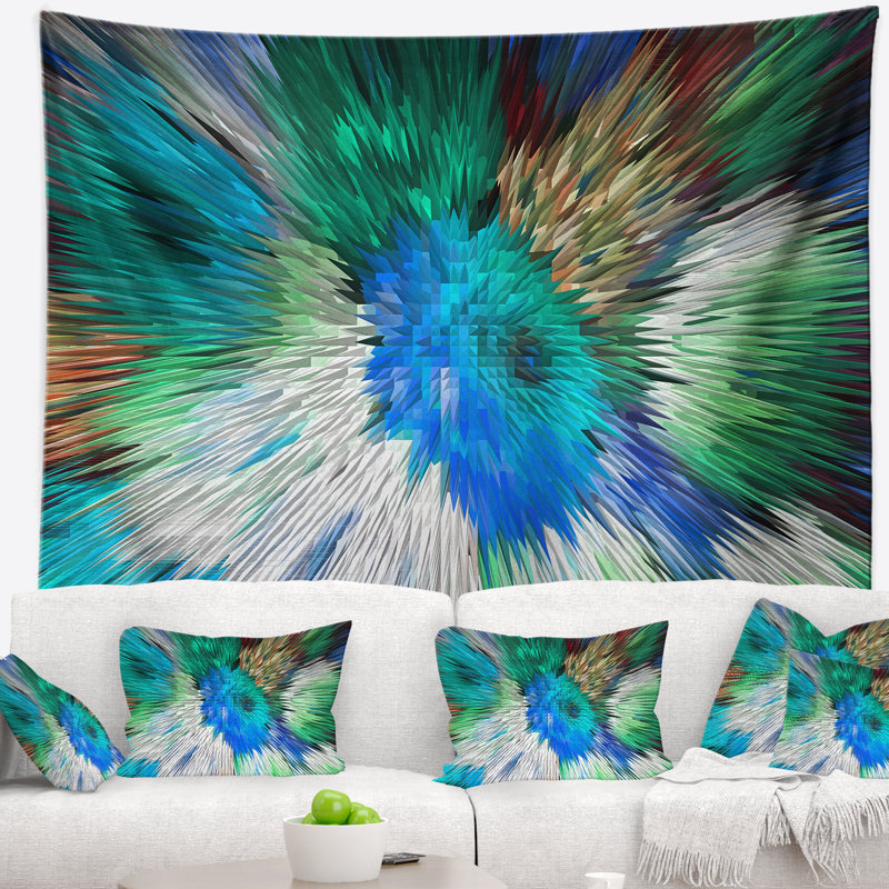 Tapisserie bleue avec fleurs et tissu 3D, H 50 po x l 60 po