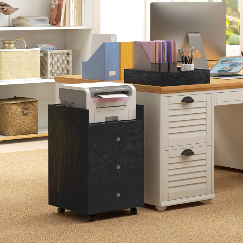 Dark Walnut 3 Drawer Storage Cabinet. Removable Tray & Under Desk Design. Mobility Wheels For Office Convenience 3 Bin, Walnut. Storage. And Transforming Functionality