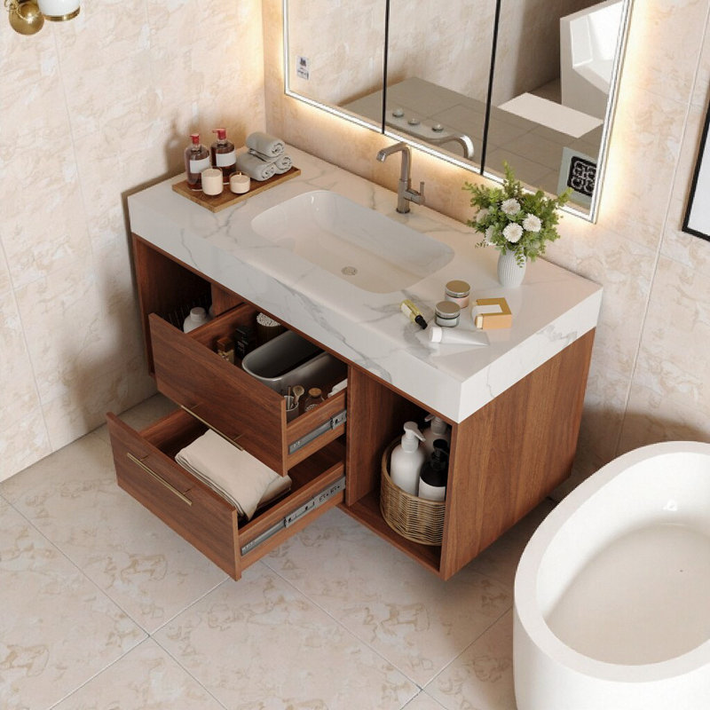 Ensemble de meuble-lavabo flottant 39,4 po avec lavabo en céramique, Brun