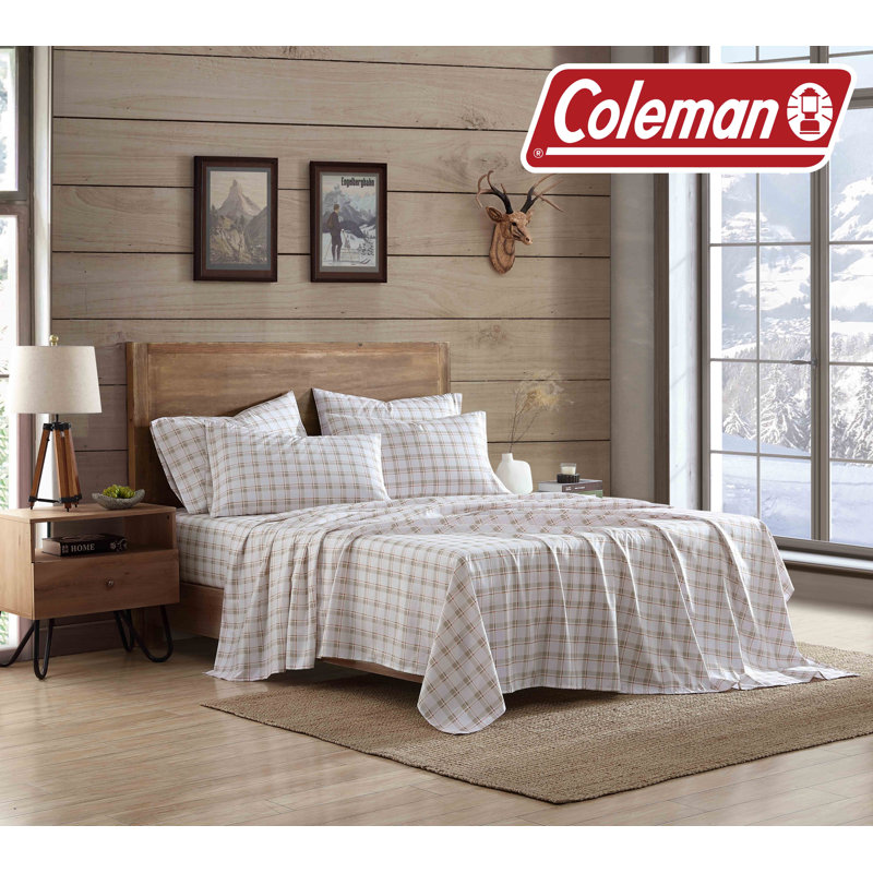 Ensemble de draps en microfibre Coleman, White Plaid, Ensemble de draps pour grand lit avec 4 taies d'or