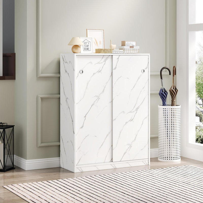 Marble White  Shoe Cabient With Sliding Door Have 6 Layers Can Storage At Least30 Pairs Shoes, White