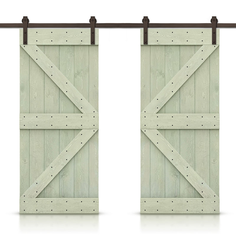 Porte de grange double à panneaux en bois teinté K Series avec ensemble de quincaillerie coulissante, 48 po x 84 po