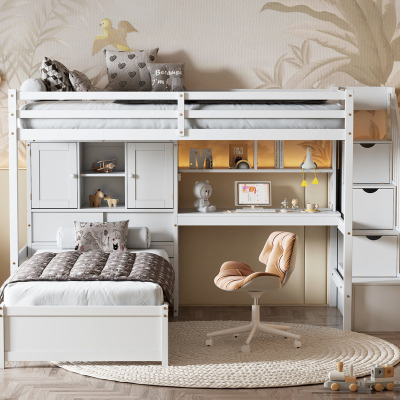Lit mezzanine simple au-dessus d'un lit blanc avec escalier, bureau et rangement, Blanc