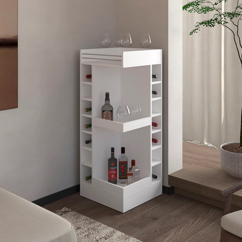 Corner Bar Cabinet With Wine Rack And Open Shelf, White, 45.9" H x 18.3" W x 18.3" D