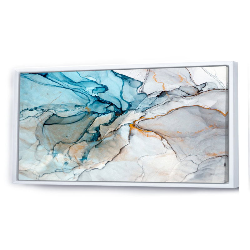 Luxry Blue and Grey Marble Art Ripples - impression sur toile, Reproduction avec cadre flottant, H 28 po x l 60 po, Blanc