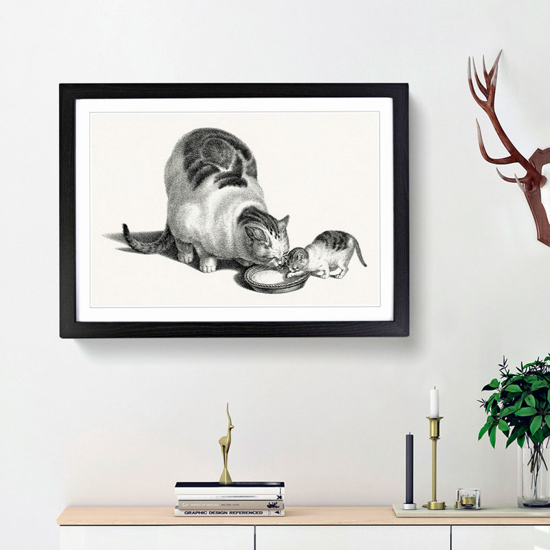 Cat & Kitten Drinking by Gottfried Mind - Picture Frame Graphic Art Print, Black Framed, 36cm H x 48cm W x 2cm D