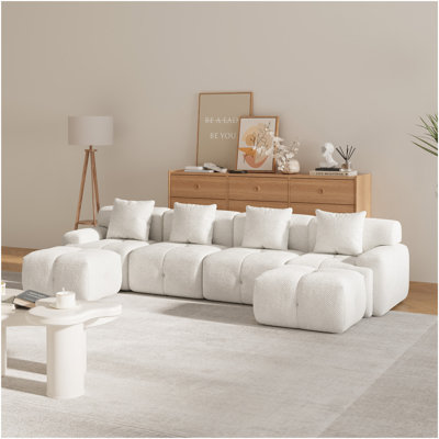 135.4" 6-Piece U-Shaped Sleeper Modular Sectional Sofa Bed Chaise, Oversized 4-Seater Boneless Convertible Block Cloud Tufted Floor Corner Couch Set With 2 Ottomans & 4 Pillows For Living Room, Ivory