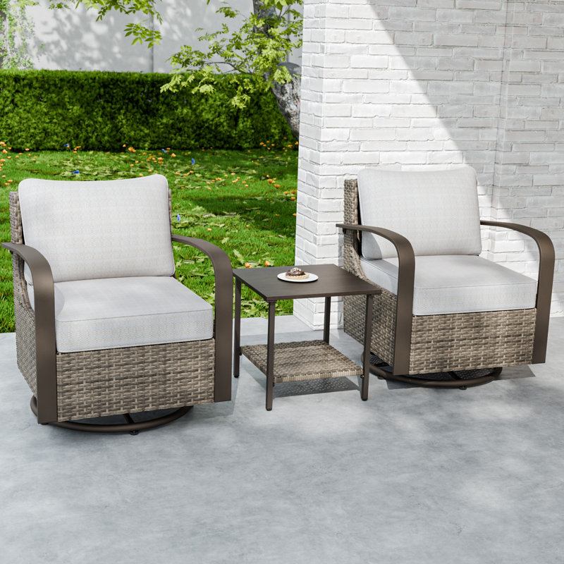 2 - Person Outdoor Wicker Swivel Rocker Chair Seating Group with Cushions, Beige