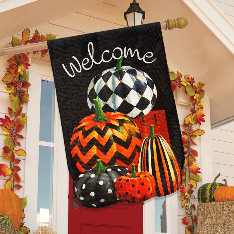 Patterned Pumpkin Stack Burlap House Flag