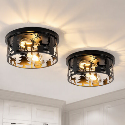 Lot de 2 plafonniers ronds rustiques de 28 cm (11 pouces) à 2 lumières, style ferme, avec cage en métal et lampe vintage.