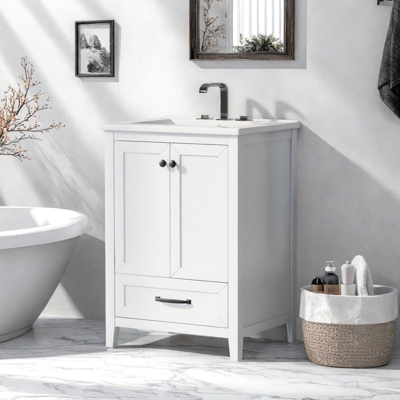 Meuble-lavabo 24 po avec lavabo, meuble-lavabo avec tiroir et portes, bois massif et panneau de fibres à densité moyenne 24 po