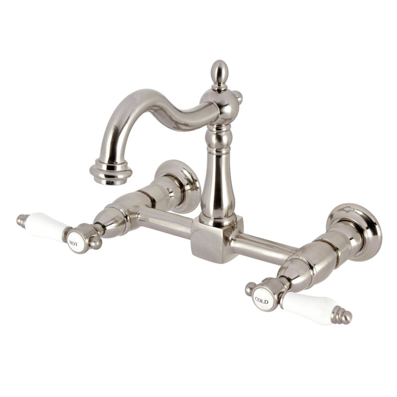 Kingston Brass Bel-Air Double-Handle 2-Hole Wall-Mount Bridge Kitchen Faucet, Brushed Nickel