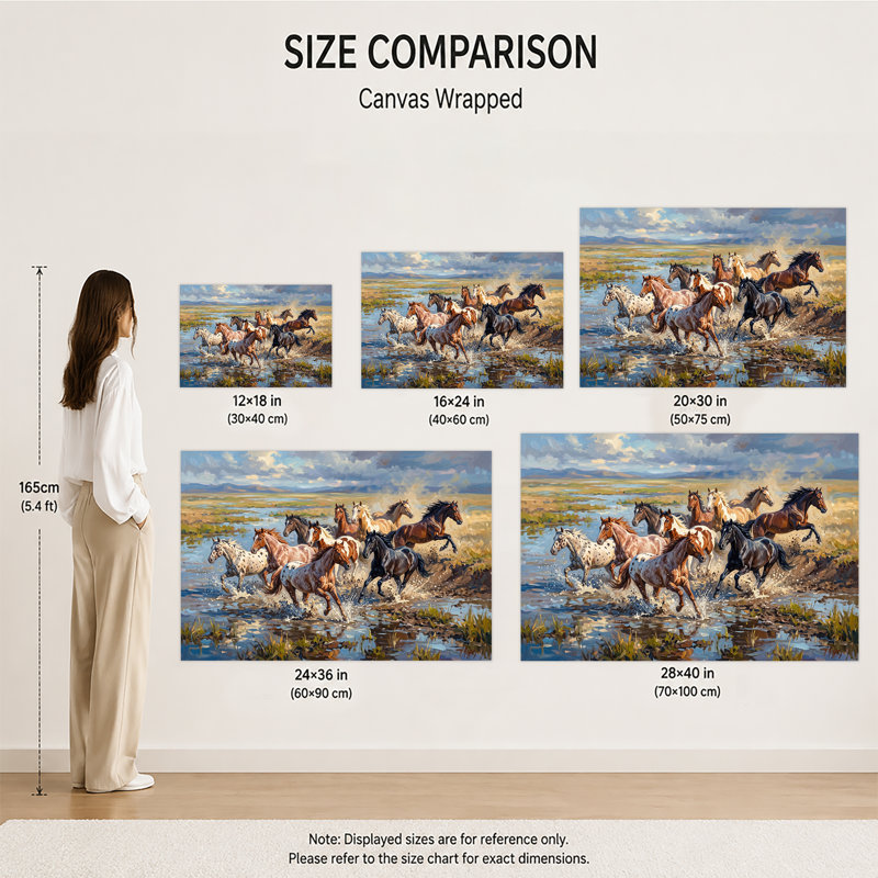 Chevaux sauvages traversant une rivière, impression texturée en impasto sur toile tendue sur châssis., 28 po x 40 po