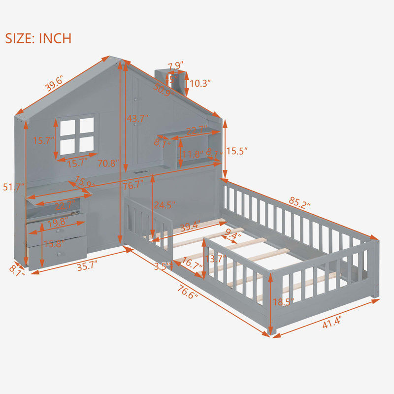 Twin Size House Bed with Window and Bedside Drawers,, Gray