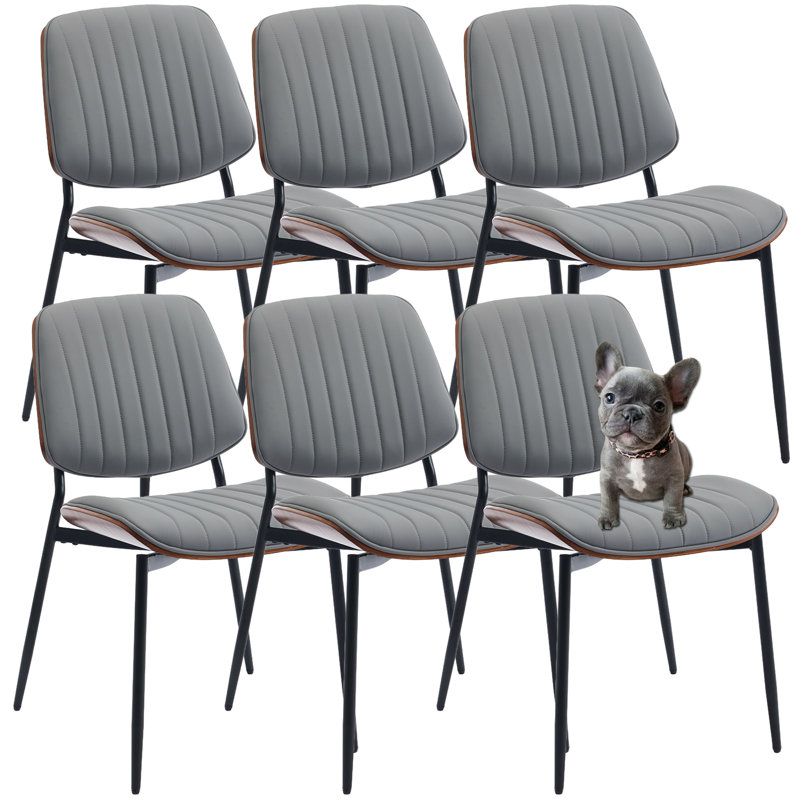 Leather Upholstered Vertical Metal Stripe Dining Chairs (Set of 6), Gray