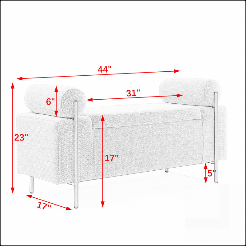 Élégant banc de rangement rembourré en lin avec accoudoirs cylindriques et pieds en fer pour le couloir, le salon, la chambre à coucher