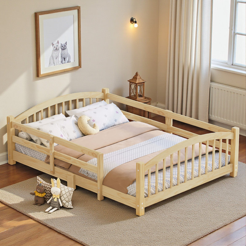 Wooden Kids Floor Bed With Safety Guardrails, Full, Natural