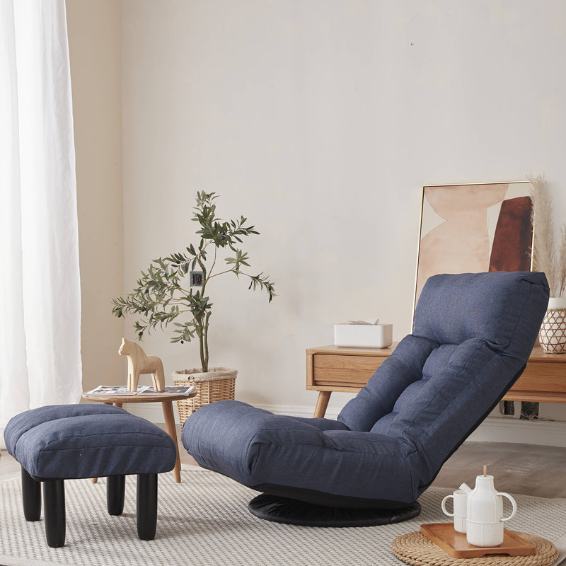 Jacky Upholstered Swivel Accent Chair with Ottoman, Navy 100% Linen