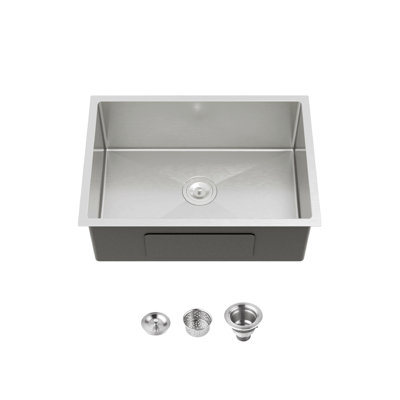 Évier de cuisine en acier inoxydable, lavabo simple encastré à la main en nickel brossé de 27 po x 19 po avec drain standard et crochet