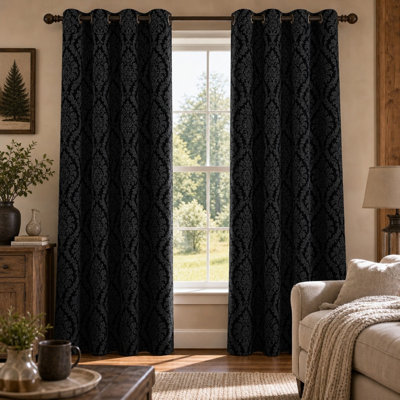 2Pcs Damask Jacquard Sun Blocking Curtains, Vintage Style, Living Room Bedroom, Thermal Insulated and Noise Reducing, Decorative Ring Top for Home Dector