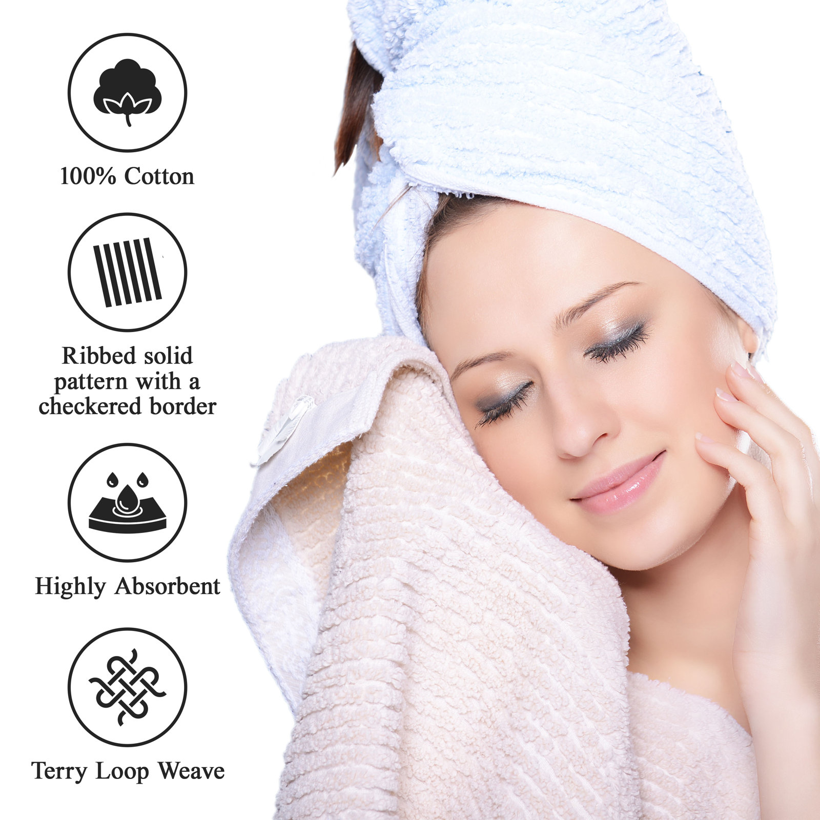 8-Piece Checkered Border Cotton Towel Set, Sky Blue, 8 Piece Towel set (2-bath, 3-hand, 3-face)