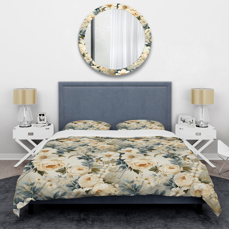Ensemble de housse de couette antique à motif de pivoines beiges et bleues V