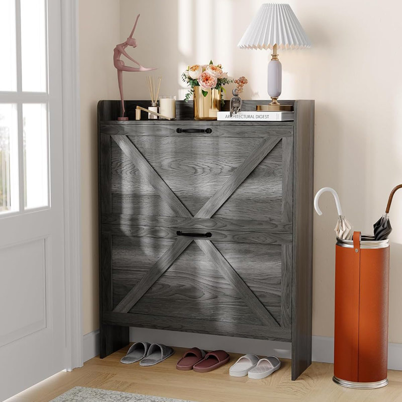 Shoe Cabinet Organizer with 2 Flip Drawers, Hidden Freestanding Narrow Shoe Storage for Entryway & Hallway, Black