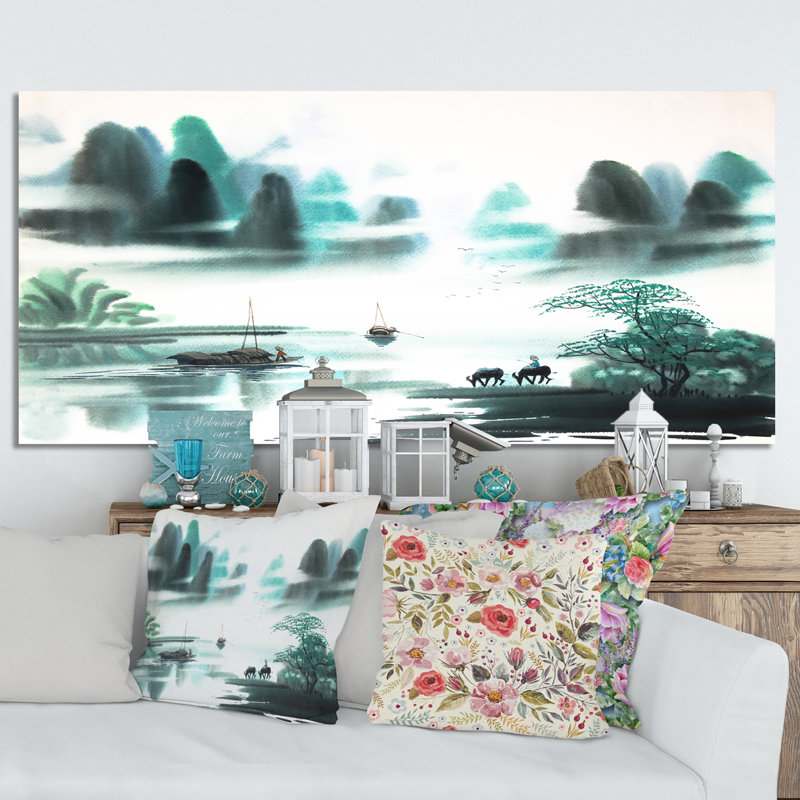 Encre de paysage chinois V - peinture sur toile, H 30 po x l 40 po x P 1,5 po, Toile tendue