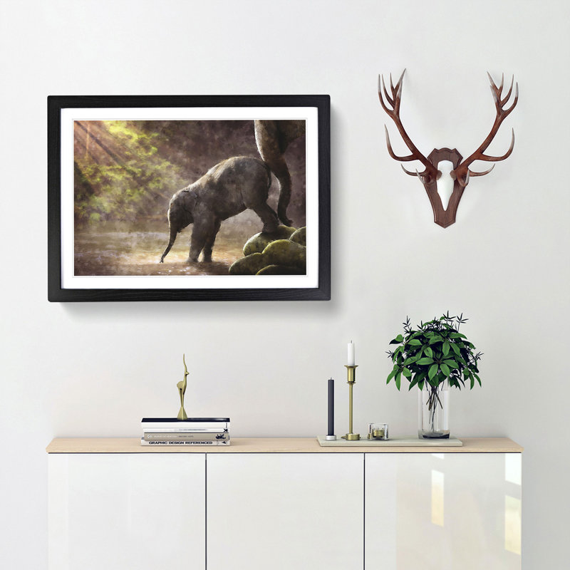 Mother Elephant Encouraging Baby - Picture Frame Painting Print, 33cm H x 45cm W x 2cm D, Black Framed