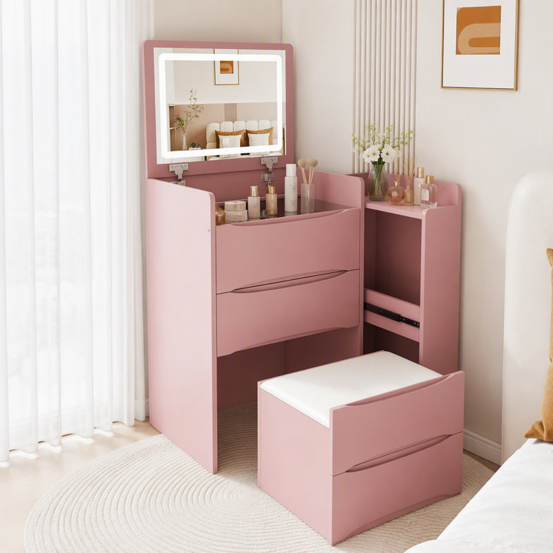Coiffeuse 3 en 1 avec miroir rabattable, éclairage et rangement, Rose