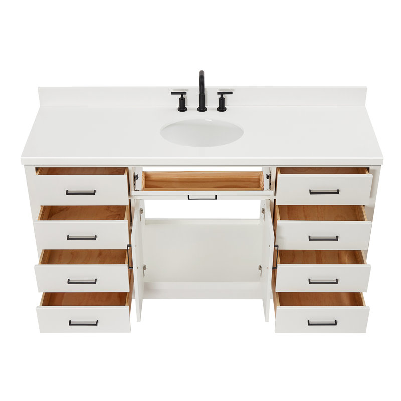 Meuble-lavabo simple en bois massif 66 po avec plateau en quartz blanc Thornaby, Ovale, Blanc